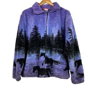 Black Mountain Vintage Purple Fleece Running Horses Zip Up Jacket Women's Size L